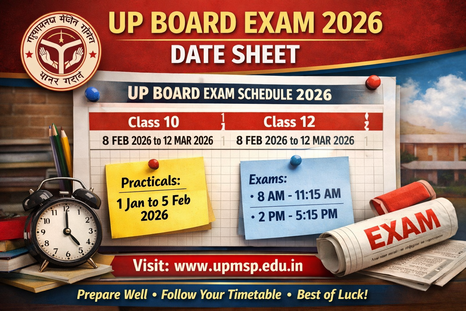 UP Board Date Sheet 2026 for Class 10th and 12th – Exam Time Table